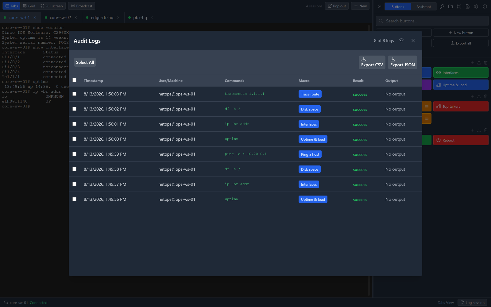 The audit log: a table of timestamp, operator, the command that was sent, which button sent it, and the result, with buttons to export as CSV or JSON.