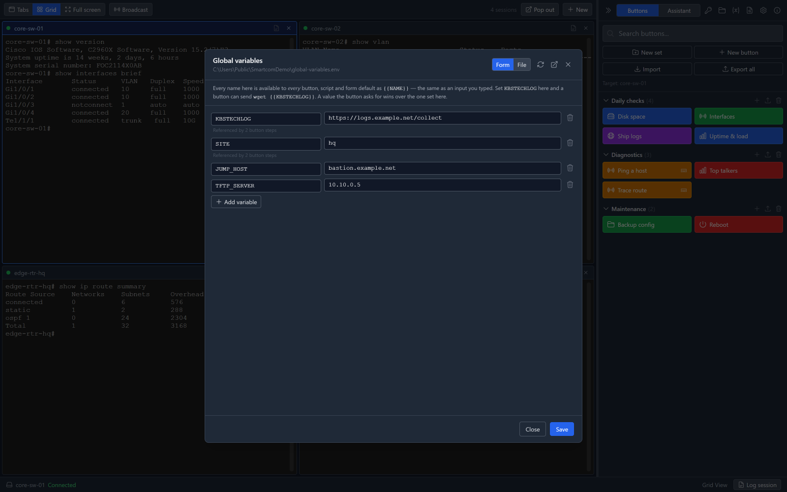 The global variables editor: names such as KBSTECHLOG, SITE, JUMP_HOST and TFTP_SERVER paired with their values, each with a note saying how many button steps reference it.