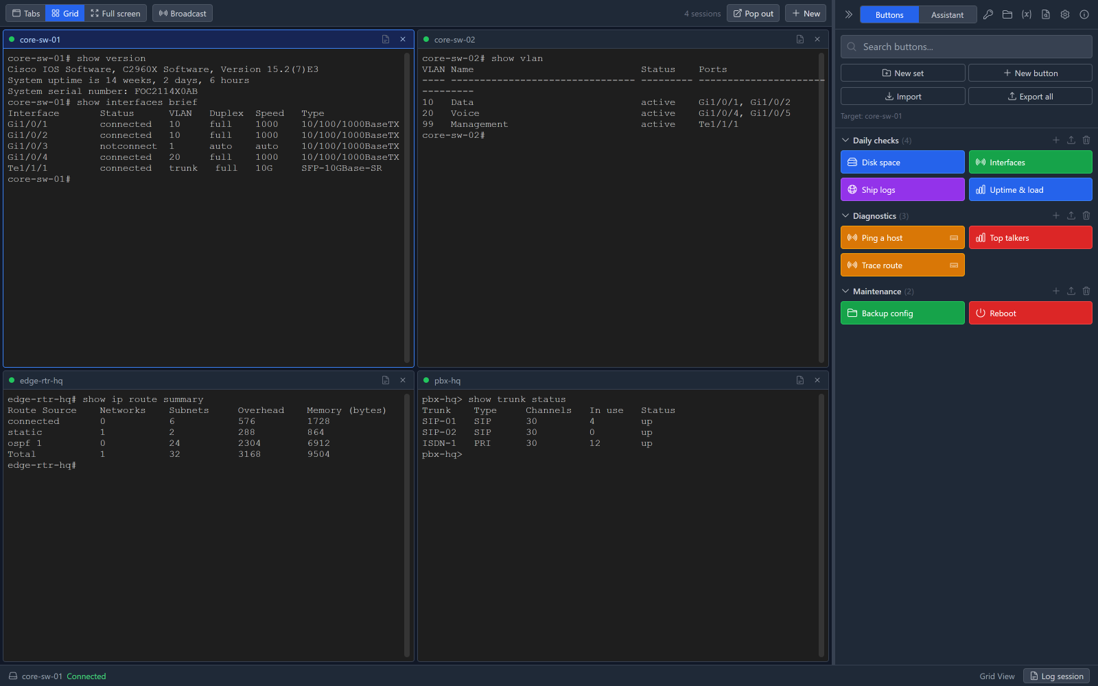 Four terminal sessions arranged in a grid, each showing output from a different switch or PBX, with a panel of coloured buttons down the right-hand side.