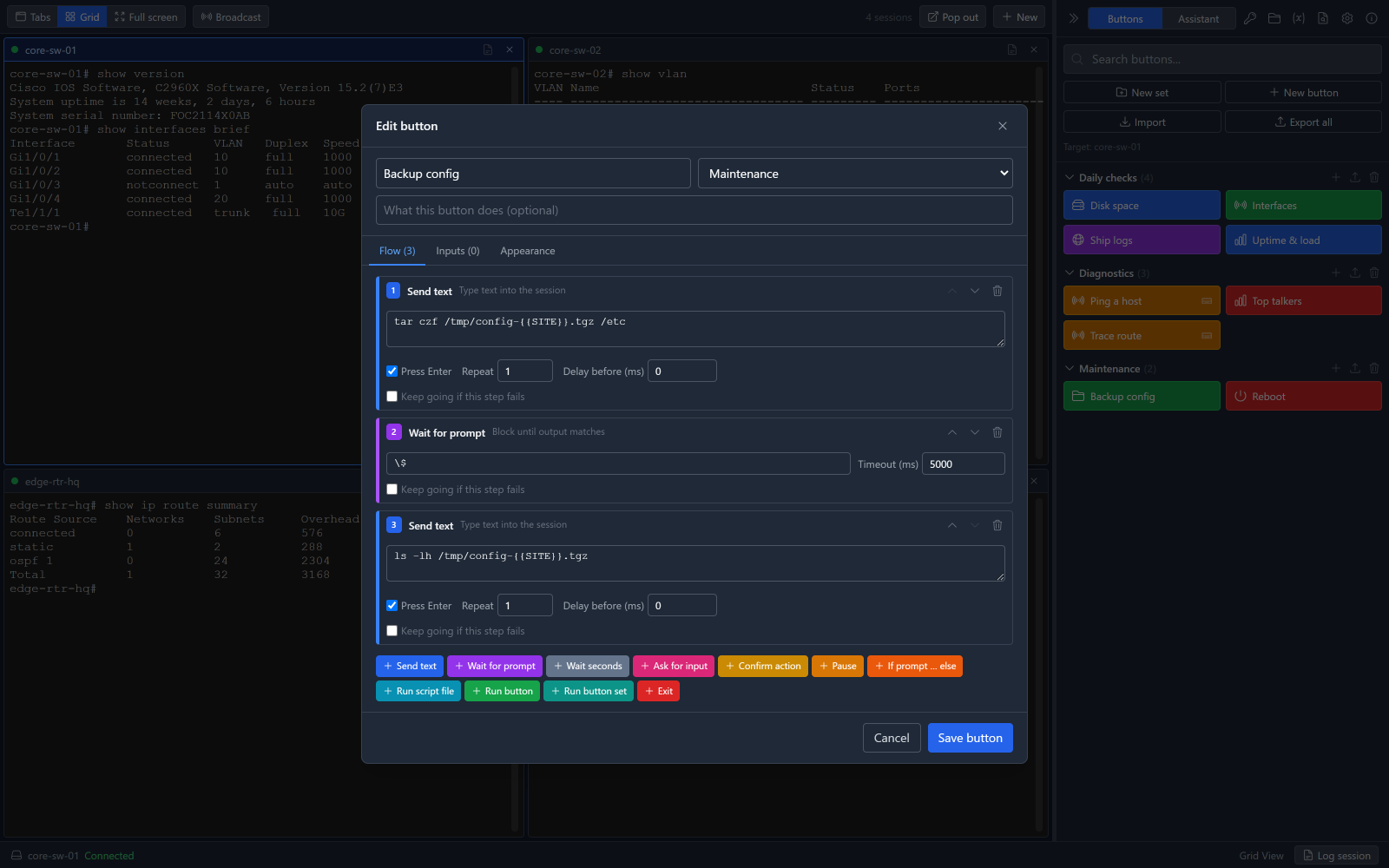The block editor: a button's script shown as a stack of coloured blocks — send a command, wait for the prompt, send another — beside a palette of every available block type.