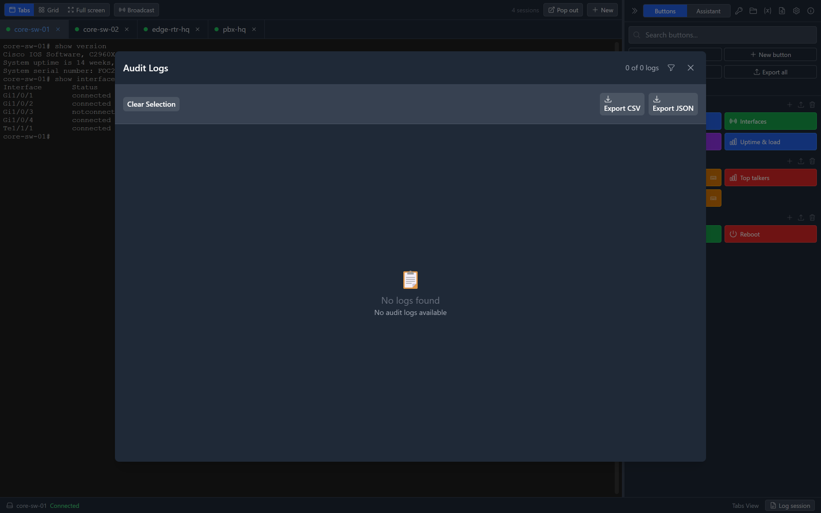 The same four sessions shown as tabs rather than a grid, with one session filling the window.